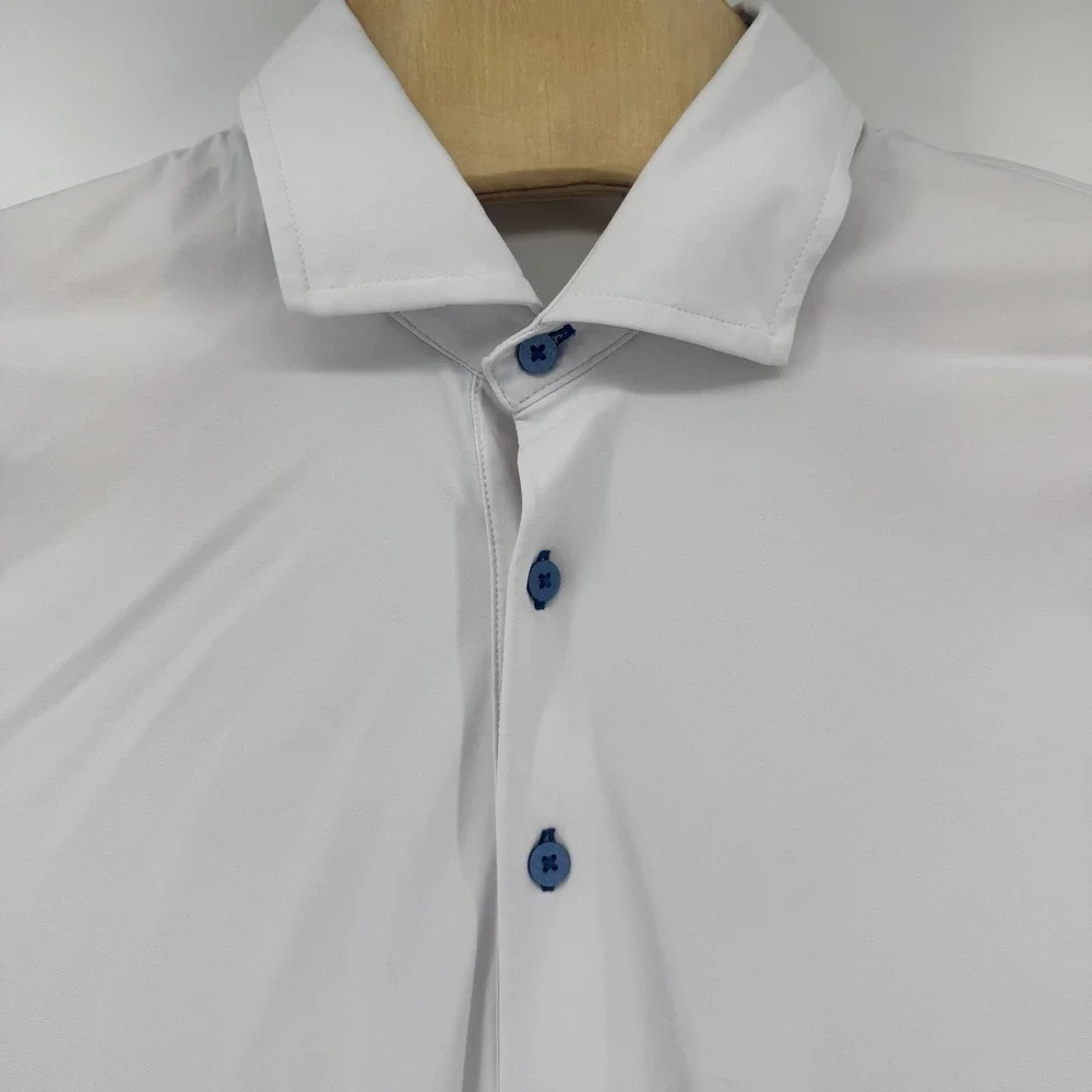Twillory Performance Polo Mens Large White Tailored Fit Short Sleeve Blue Button
